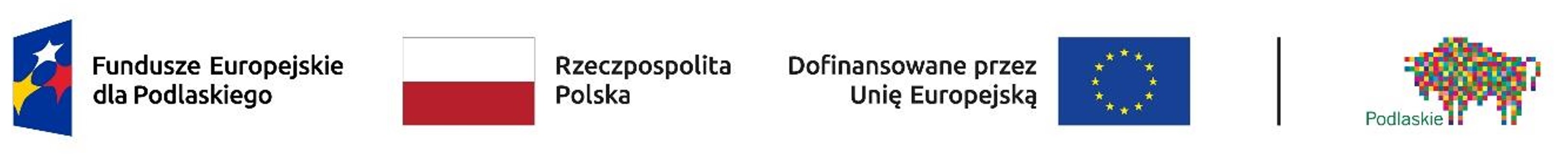 logo Fundusze Europejskiedla Podlaskiego, flaga Polski z napisem Rzeczpospolita Polska, logo Unii Europejskiej, logo województwa Podlaskiego