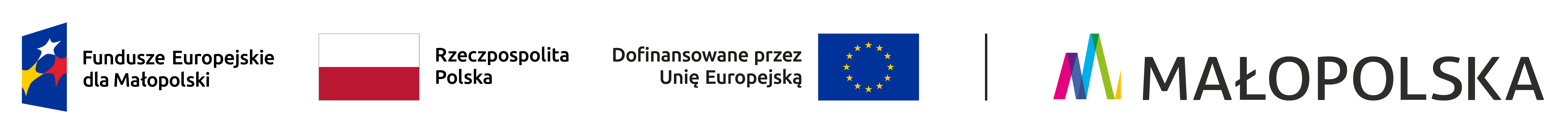 logo Fundusze Europejskie dla Małopolski, flaga Polski z napisem Rzeczpospolita Polska, logo Unii Europejskiej, logo województwa Małopolskiego
