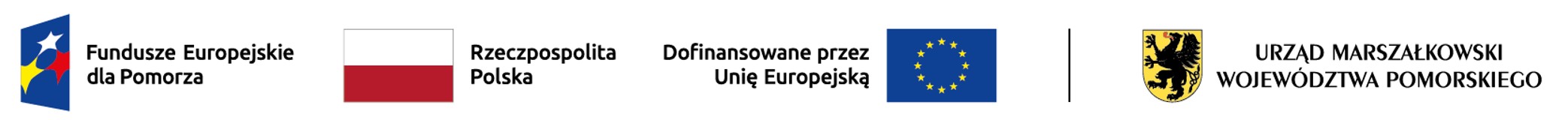 logo Fundusze Europejskie dla Pomorskiego, flaga Polski z napisem Rzeczpospolita Polska, logo Unii Europejskiej, logo województwa Pomorskiego